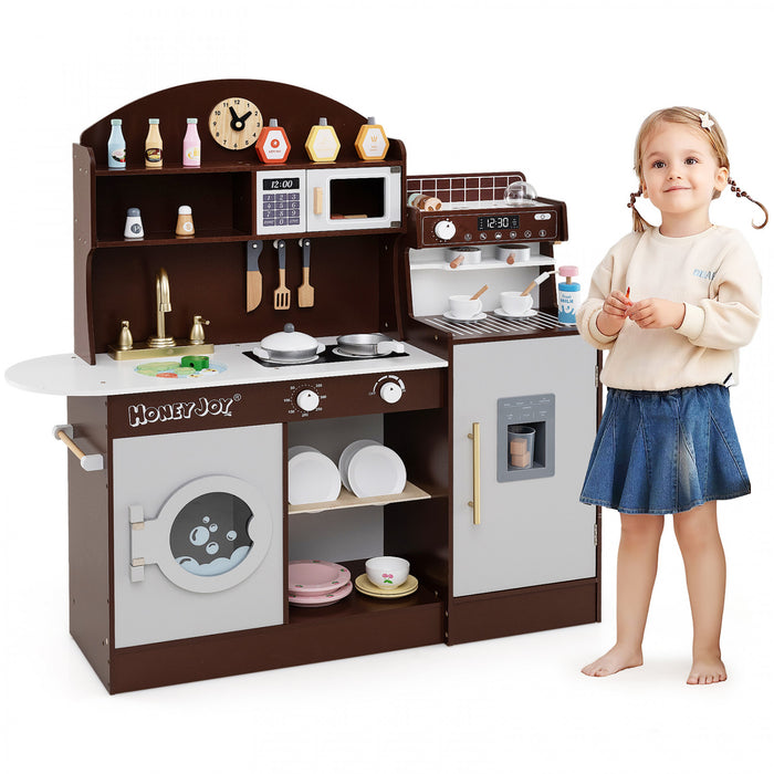 Honeyjoy Jeu De Cuisine Pour Enfants Jeu De Cuisine En Bois Avec Horloge, Micro-ondes, Evier, Plateau Brun