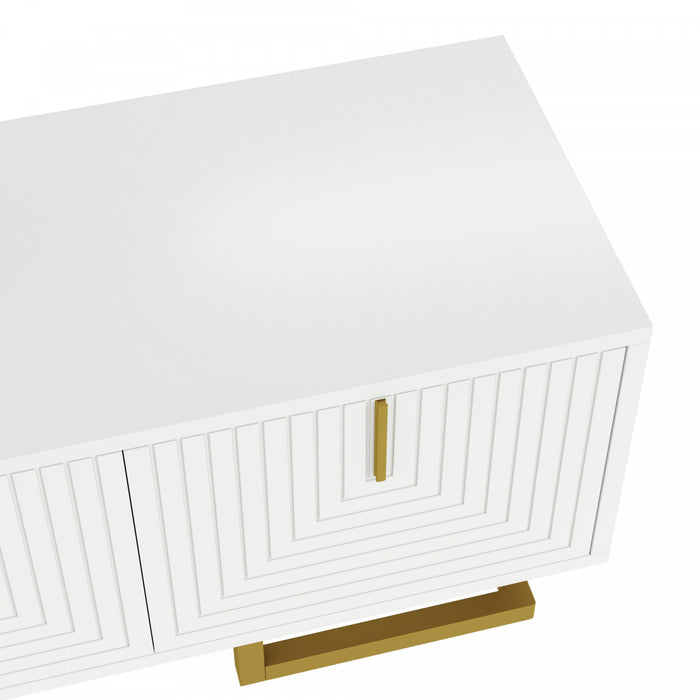 Aspect Meuble TV 63 po avec Portes Texturees et Pieds Dores, Blanc