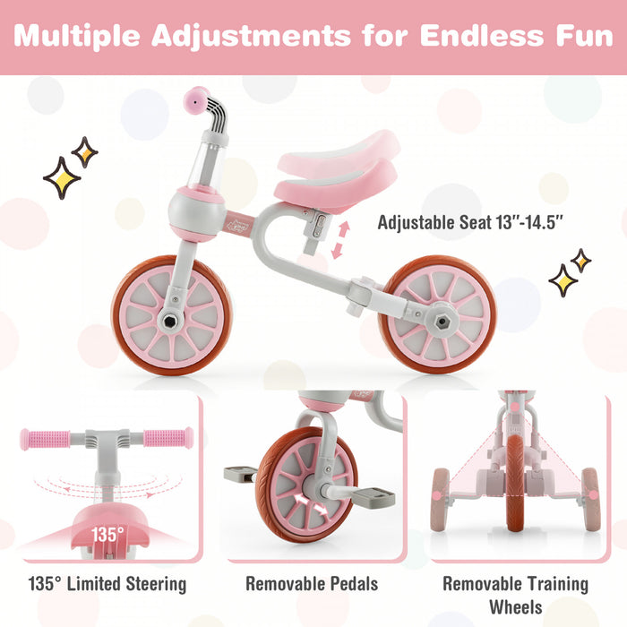 Costway 4 En 1 Enfants Tricycles Avec Poignee De Poussee Et Roues D'entrainement Bebe Equilibre Velo Rose