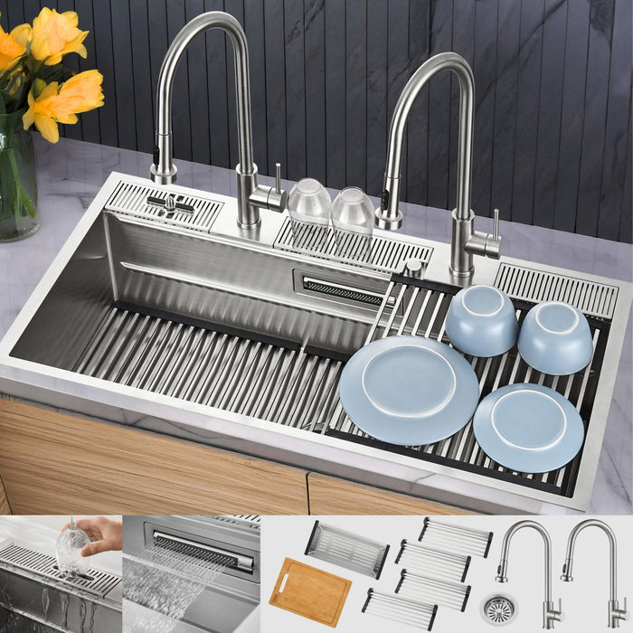 Evier poste de travail MultiSINK 45 po, double pose, 3 niveaux, robinets, rince-verre, inox - J-WP30