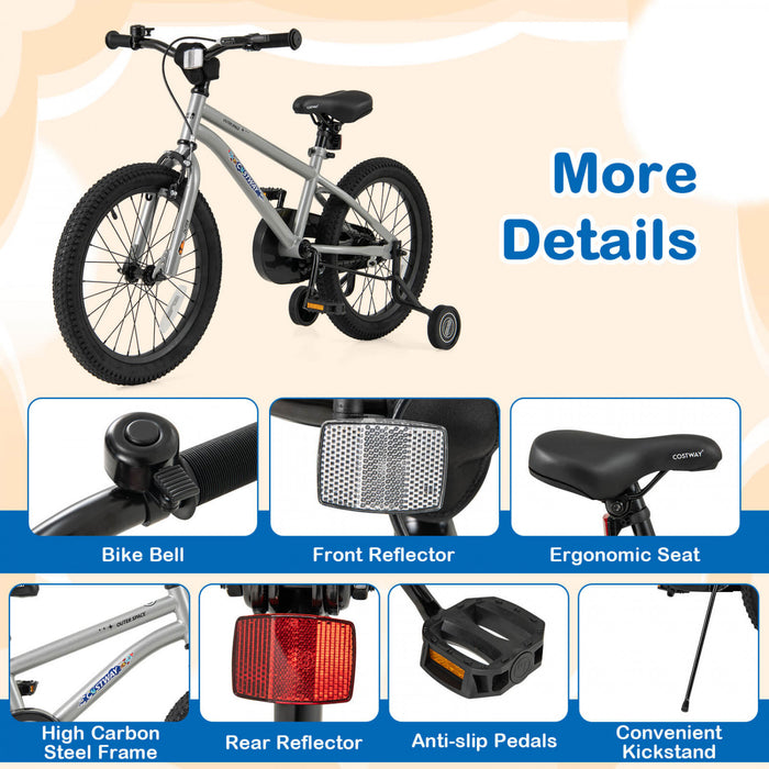 Velo Costway 18 Pouces Pour Enfants De 4 A 8 Ans Avec Selle Reglable Et Guidon Antiderapant Argent