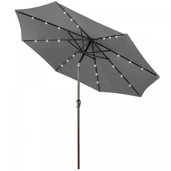 Parasol solaire Costway 10 pieds avec LED, parasol de marche inclinable en acier avec manivelle, exterieur gris