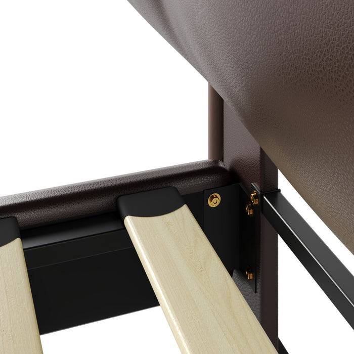 Cadre de lit plateforme en simili cuir Emma avec tete de lit, taille California King, marron fonce