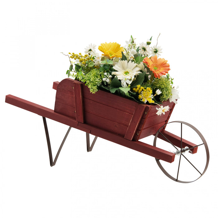 Chariot De Fleur Rustique Interieur/exterieur Decoratif De Planteur De Wagon En Bois Costway Avec Roue Rouge