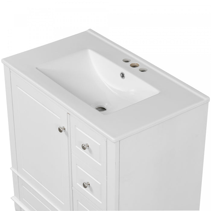 Emma Meuble-lavabo en bois massif de 30\" avec vasque en ceramique et porte a fermeture douce, Blanc