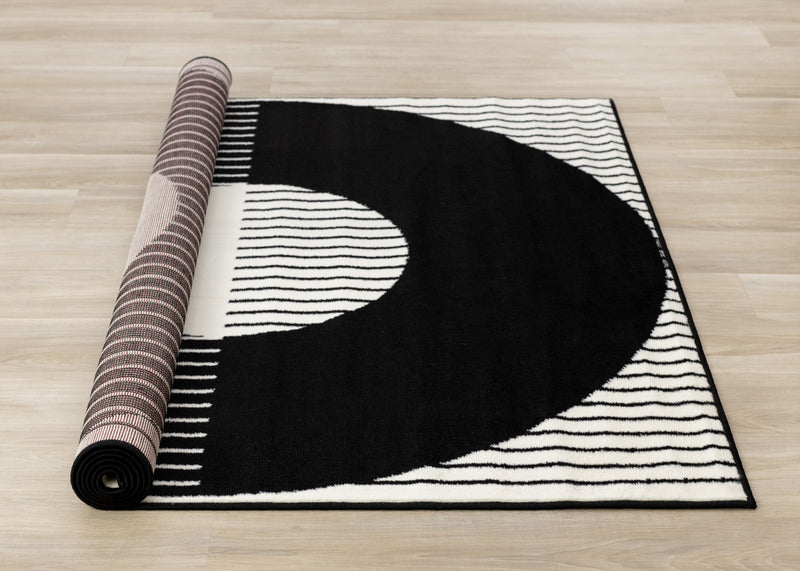 Florence rayures noires et blanches et cercles creux, design moderne, 2'7\" x 4'11\"