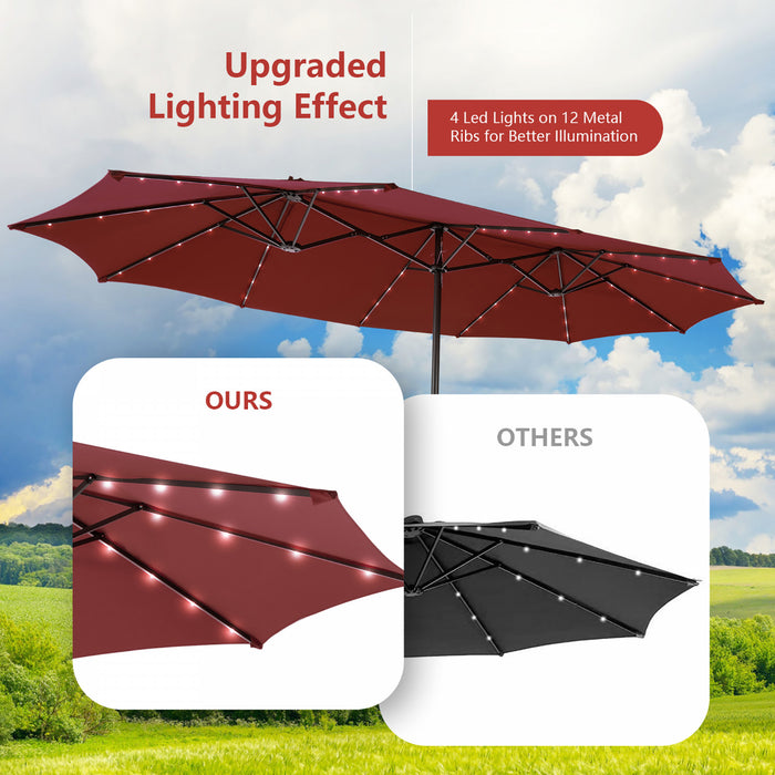 Costway Parasol double face jumeau 15FT pour patio avec 48 LED solaires a manivelle Wine
