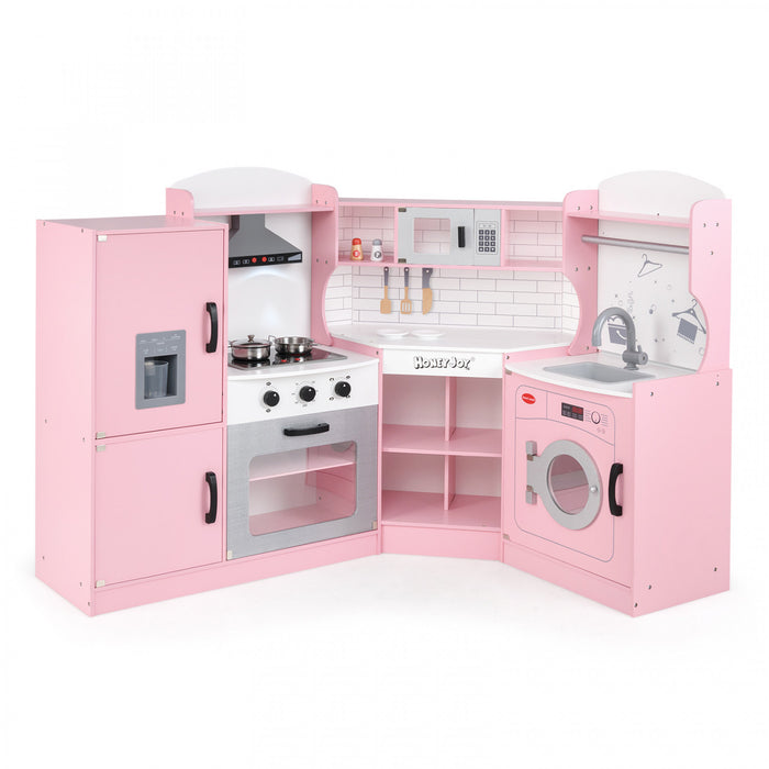Honeyjou Corner Play Kitchen Baby Kitchen Playset Avec Capuchon De Gamme, Machine A Glace, Micro-ondes Rose