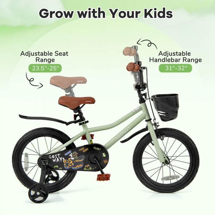 Costway 16\" Velo Pour Enfants Avec Roues D'entrainement Guidon Reglable Et Frein A Main Du Siege Vert