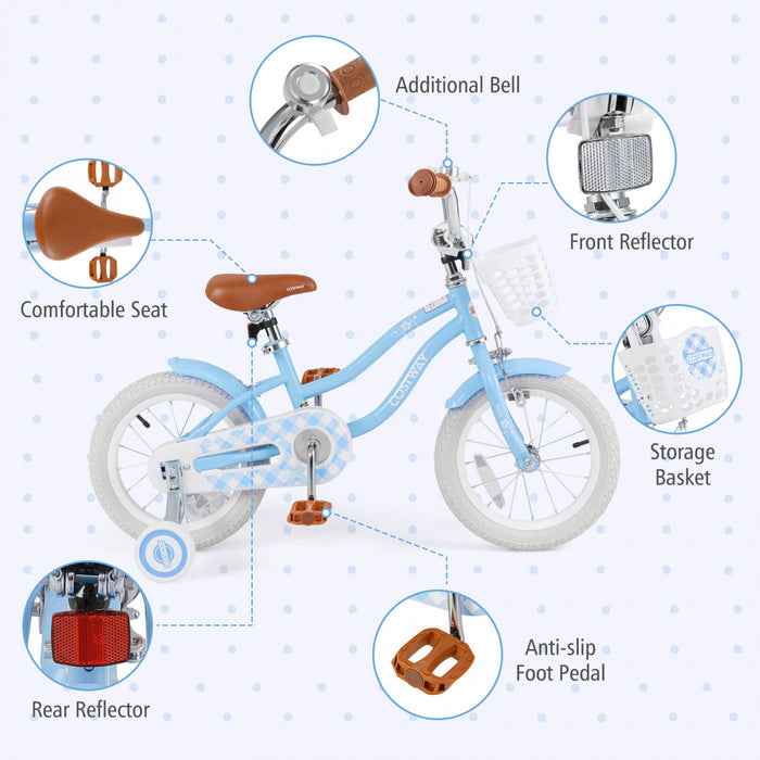 Velo Costway 14\" Pour Enfants Avec Roues D'entrainement Amovibles Et Panier Pour 3-5 Ans Bleu