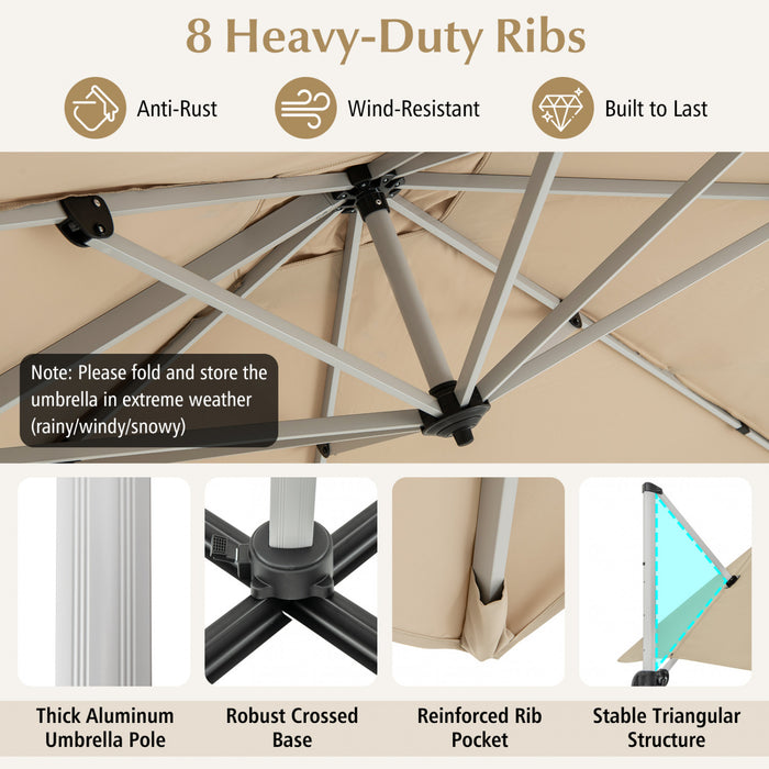 Costway Parasol d'exterieur a bras articule 10 pieds en aluminium suspendu deporte, avec rotation a 360° Beige