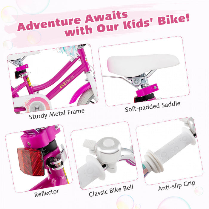 Costway 12 Pouces Enfants Velo Avec Roues D'entrainement Poupee Siege Panier Streamers Frein A Main Rose