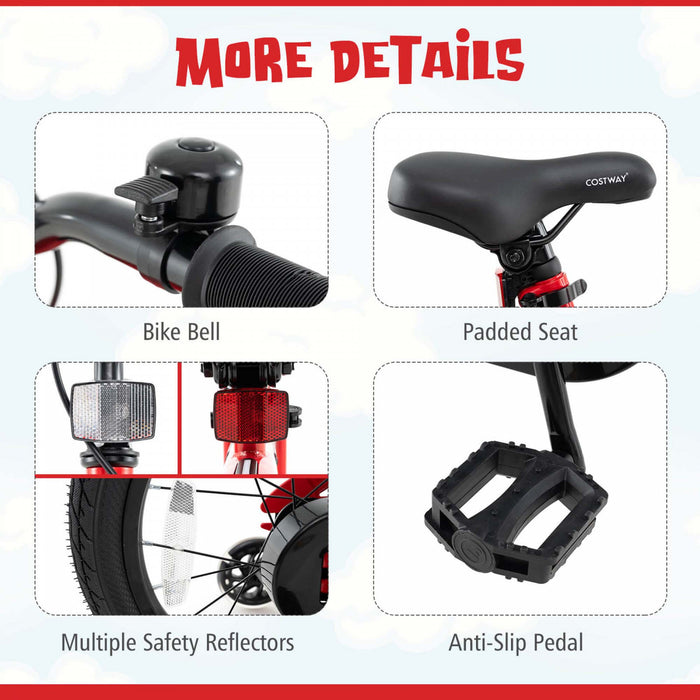 Costway 16\" Led Eclaire Velo Pour Enfants Avec Siege Reglable Coaster Frein Roues D'entrainement Rouge