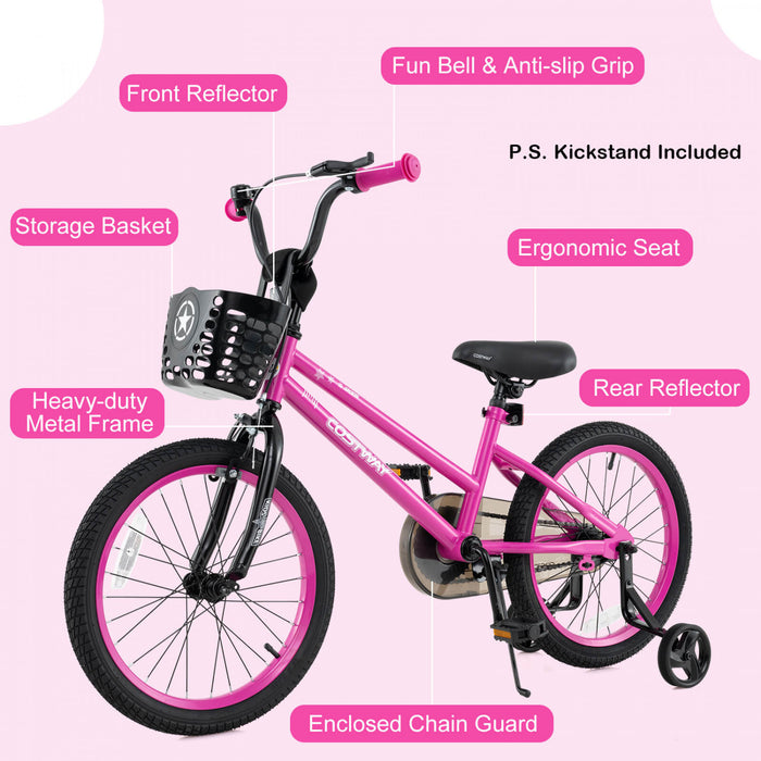 Costway 18\" Velo Pour Enfants Avec Roues D'entrainement Guidon Reglable Et Frein A Main De Siege Rose