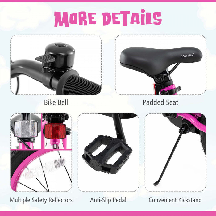 Costway 18\" Led Eclaire Velo Pour Enfants Avec Siege Reglable Coaster Frein Roues D'entrainement Rose
