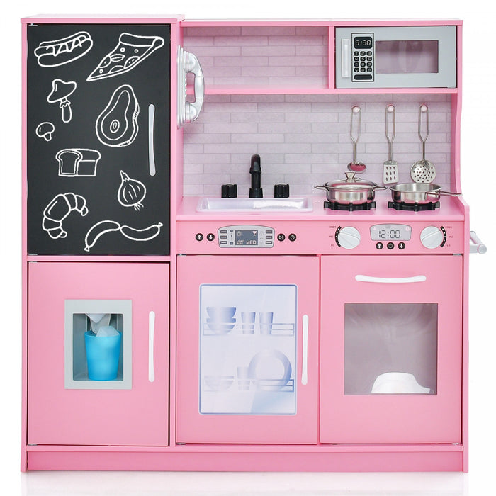 80x24x81cm Ensemble De Jouet De Cuisine Pour Enfant, Jeu De Role Avec Tableau Noir Et Six Compartiments De Rangement, Boutons Avec Effets Sonores, Pour Enfants De 3 A 6 Ans, Blanc/rose