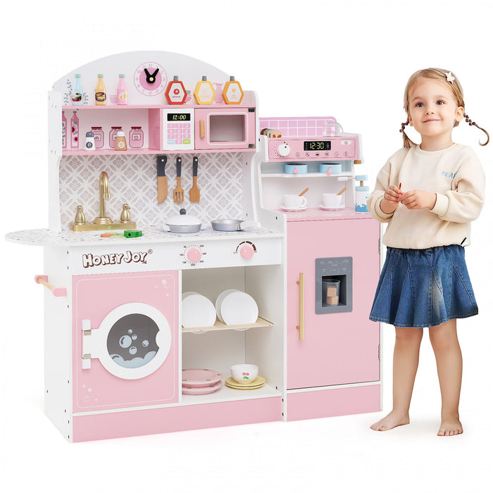 Honeyjoy Jeu De Cuisine Pour Enfants Jeu De Cuisine En Bois Avec Horloge, Micro-ondes, Evier, Plateau Rose