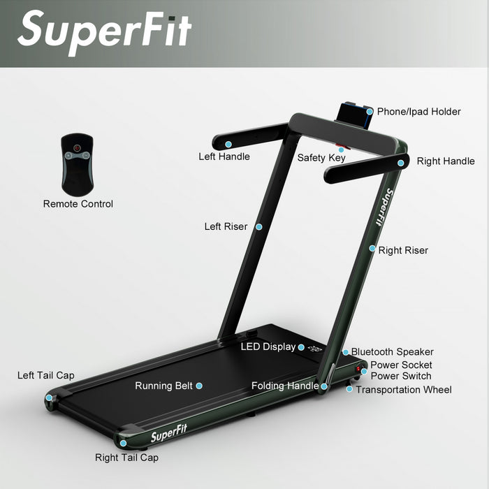 Tapis De Course Pliable 2 En 1 Superfit, Avec Haut-parleur, Telecommande Et Controle Via Application, Moteur 2,25 Hp, 2 Modes : Marche Et Course, Vitesse De 1 A 12 Km/h, Vert