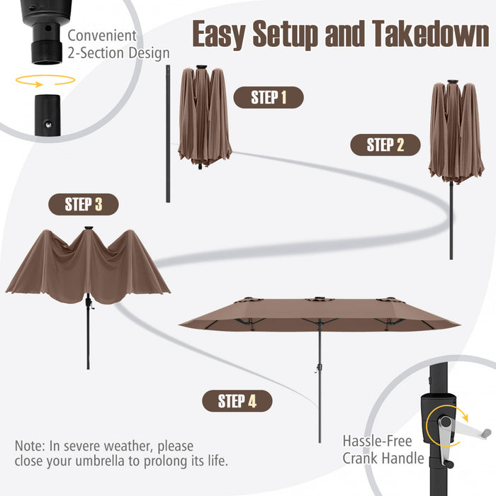 Costway Parasol de patio extra-large de 15,5 pieds avec lumieres solaires LED et 12 baleines robustes marron