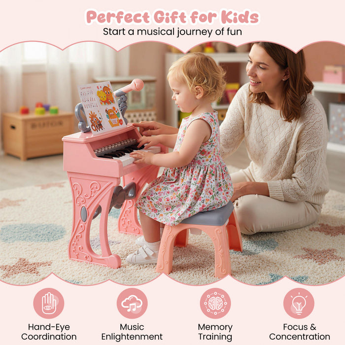 Costway Mini Clavier Piano pour Enfants 25 Touches, Hauteur 17,5 po, Piano Electrique avec Tabouret, Pupitre et Microphone