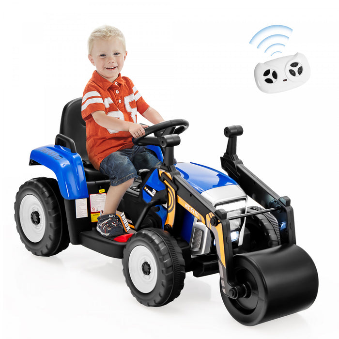 Vehicule De Construction Voiture Electrique Enfants, 2 Modes De Conduite, Avec Telecommande Effets Sonores Lumineux, Rouleau-compresseur Bulldozer, Jouet Enfant 3+ Ans, 113x51x52 Cm, Charge 30 Kg, Bleu/rouge/jaune