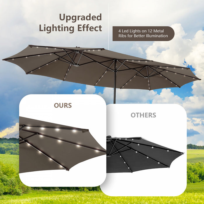 Costway Parasol double face jumeau 15FT pour patio avec 48 LED solaires a manivelle Cafe