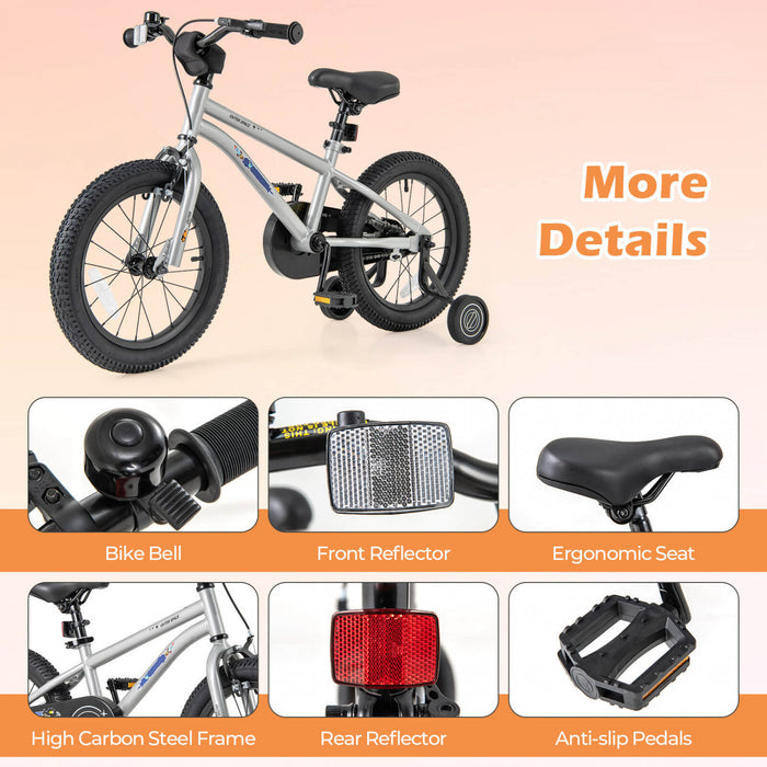 Velo Costway 16 Pouces Pour Enfants De 4 A 7 Ans Avec Selle Reglable Et Guidon Antiderapant Argent