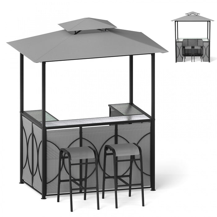 Costway 6.5 X 4 X 8 Ft Grill Gazebo Ensemble Avec 2 Tabourets De Bar, Table De Bar En Verre Trempe Gris