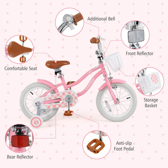 Velo Costway 14\" Pour Enfants Avec Roues D'entrainement Amovibles Et Panier Pour 3-5 Ans