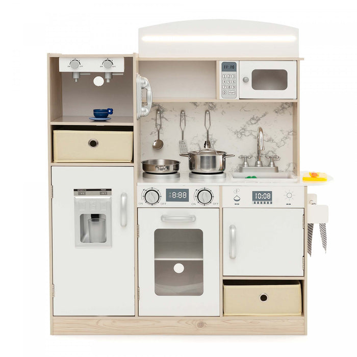 Costway Enfants Pretendre Jouer Cuisine Jouet En Bois Avec Eclairage Led Et Cafetiere