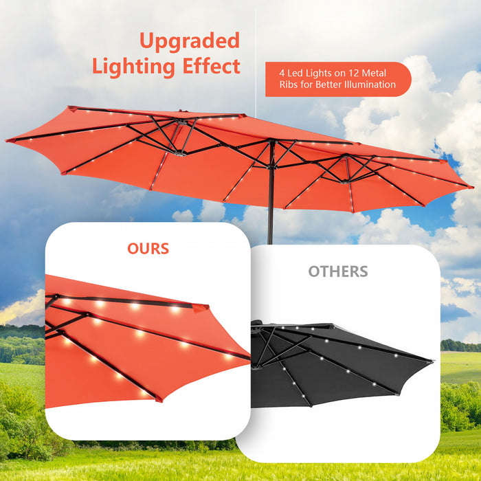 Costway Parasol double face jumeau 15FT pour patio avec 48 LED solaires a manivelle Orange