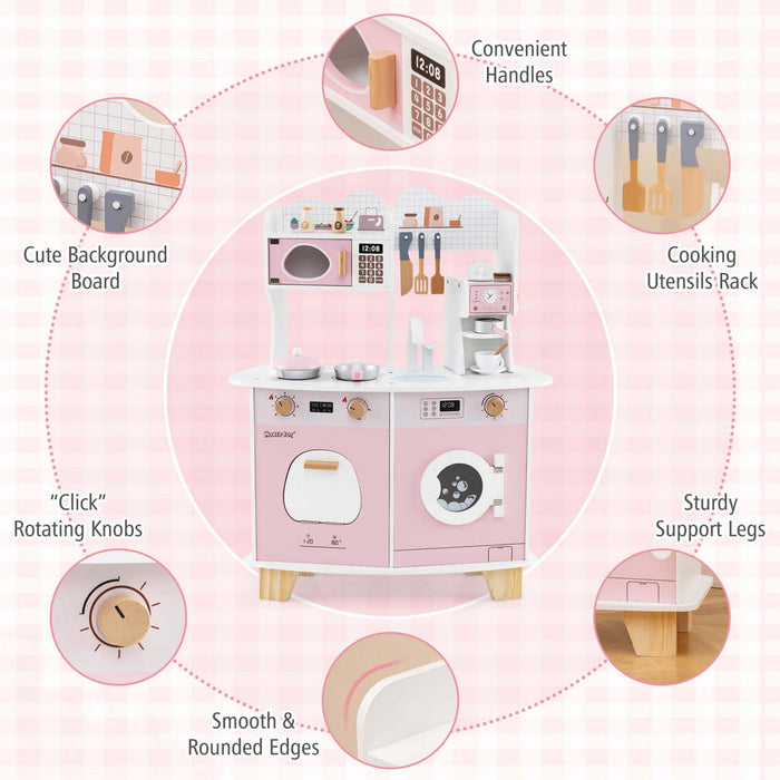 Costway Wooden Kids Kitchen Playset Pretendre Jouer Cuisine Avec Cafetiere Et Micro-ondes
