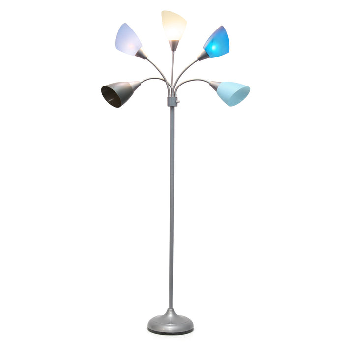 Skye Lampadaire a 5 lumieres avec cols de cygne reglables, Bleu multicolore, Blanc et Argent, 67 po H