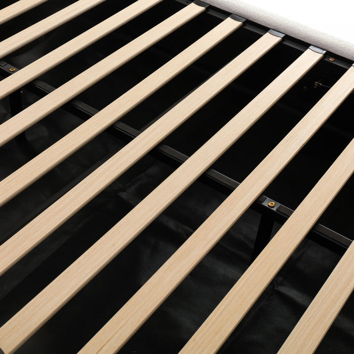 Lit plateforme Laurel avec coffre de rangement a levage hydraulique, tapisserie bouclee et espace de rangement cache sous le lit, taille Queen, blanc