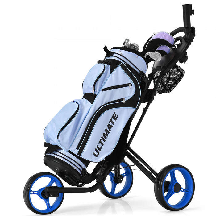 Goplus Pliant 3 Roues Golf Push Cart W/brake Scoreboard Poignee Reglable Bleu