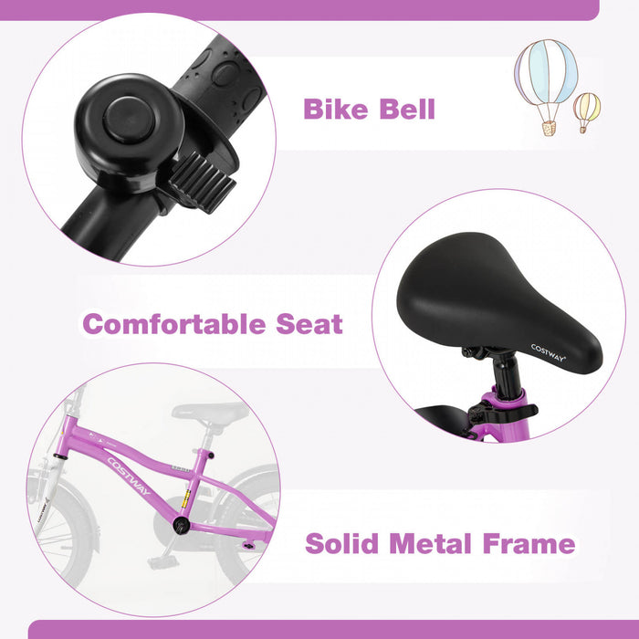 Costway 14\" Velo Pour Enfants Pour Garcons Et Filles De 3 A 5 Ans Avec Reflecteurs De Frein A Main Reglables Violet