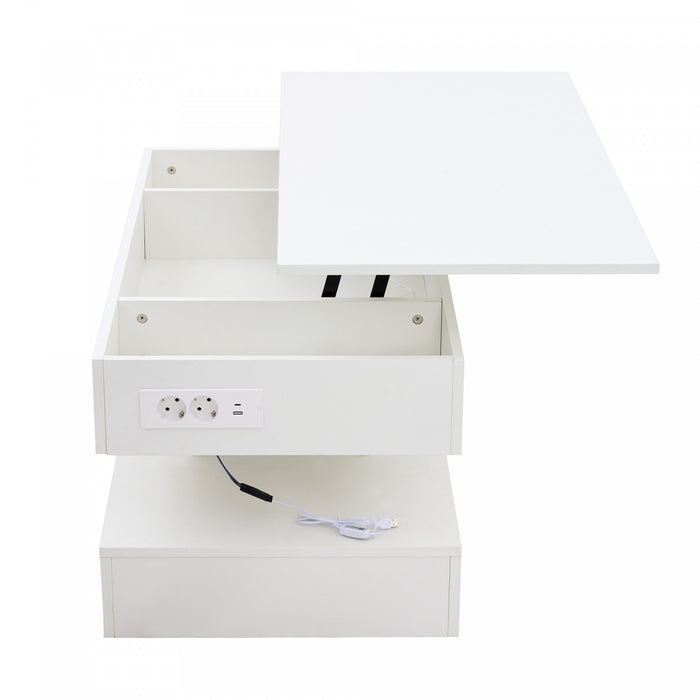 Flexi Table Basse Relevable Hydraulique 39.9 po avec Eclairage LED et Rangement Cache, Blanc