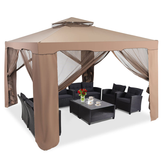 Tonnelle Pavillon De Jardin En Fer Et Polyester, Tente De Reception Avec Moustiquaire Et Toiles Laterales Amovibles Et Impermeables, Tente De Jardin A 4 Cotes 300 X 300 X 200/265 Cm, Beige&brun