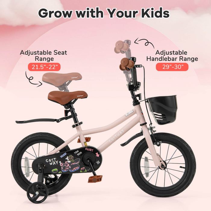 Costway 14\" Velo Pour Enfants Avec Roues D'entrainement Guidon Reglable Et Frein A Main De Siege Rose