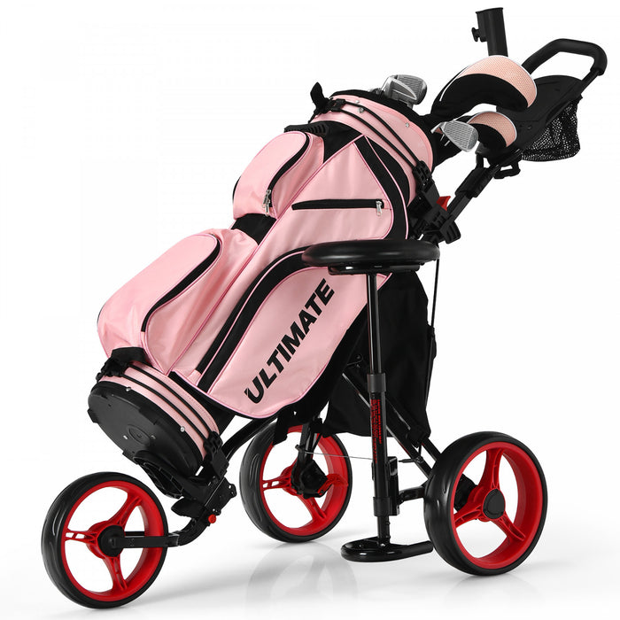 Chariot De Golf A 3 Roues, Chariot Leger Avec 4 Hauteurs Reglables, Chariot De Golf Pliable Avec Porte-parapluie Reglable Et Siege Hydraulique, Sac De Rangement, Porte-boisson, Frein A Pied