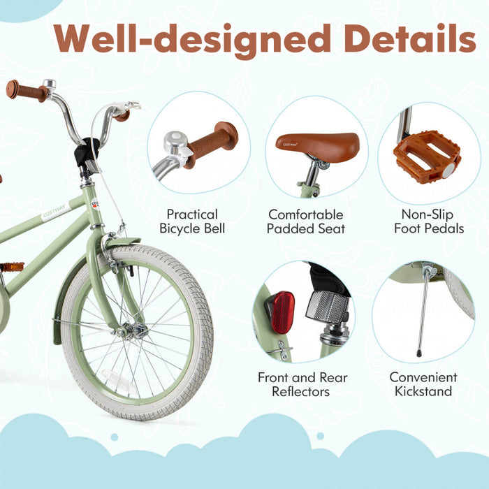 Costway 18\" Velo Pour Enfants Avec Guidon Reglable De Selle Roues D'entrainement Amovibles Frein A Main Vert