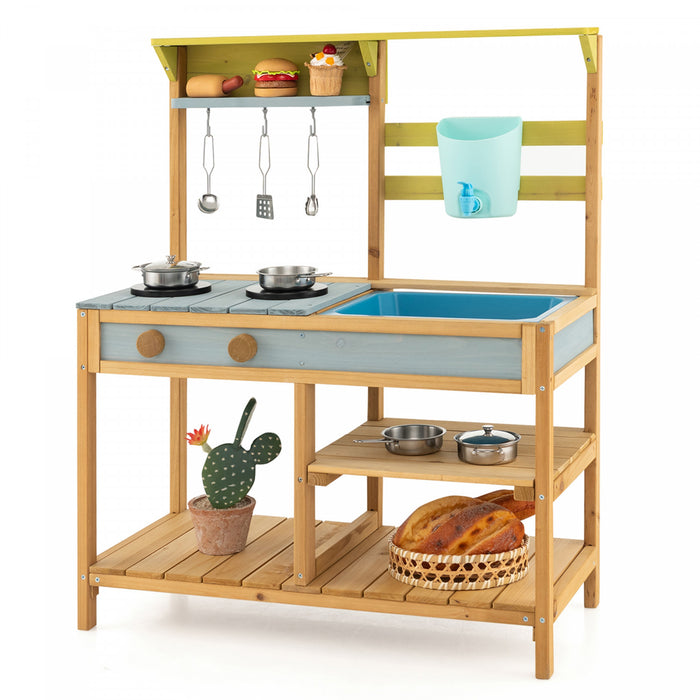 Jeu De Cuisine En Bois Pour Enfant, Cuisine Jouet Pour Enfant, Robinet Et Reservoir A Eau, Evier Amovible, 3 Crochets De Suspension, 1 Etagere Amovible, 2 Etageres Fixes, Pour Les +3 Ans