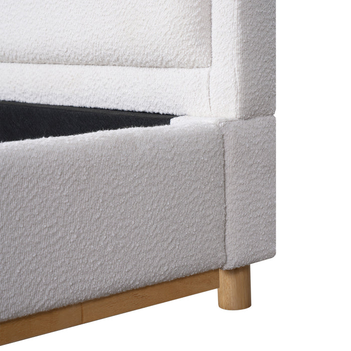 Lit plateforme Ethan a profil bas en boucle avec tete de lit courbee rembourree, taille king, blanc