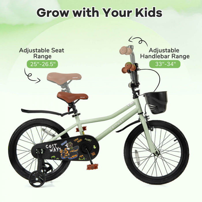 Costway 18\" Velo Pour Enfants Avec Roues D'entrainement Guidon Reglable Et Frein A Main Du Siege Vert
