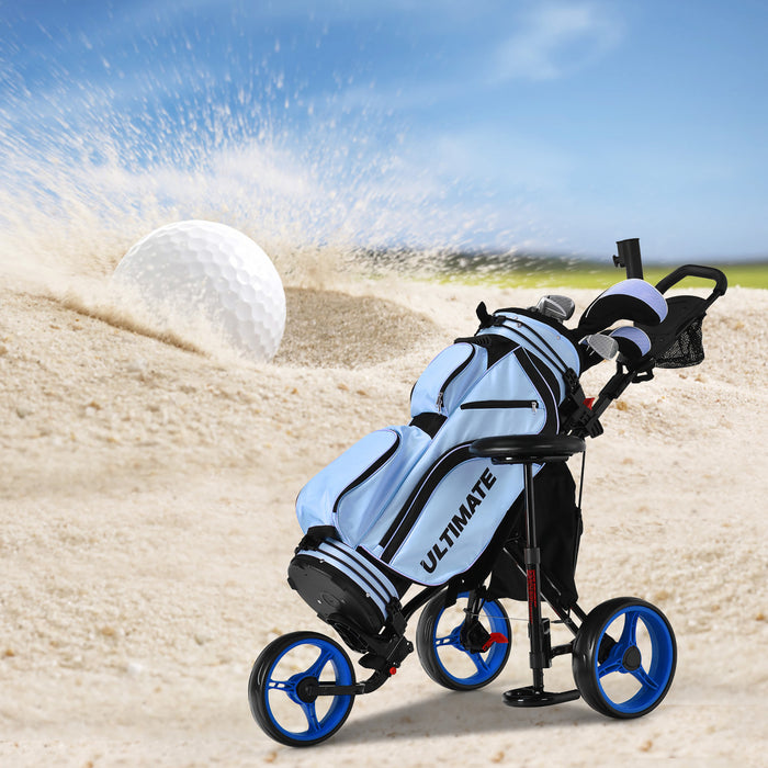 Goplus Pliant 3 Roues Golf Push Cart W/seat Tableau De Bord Poignee Reglable Bleu