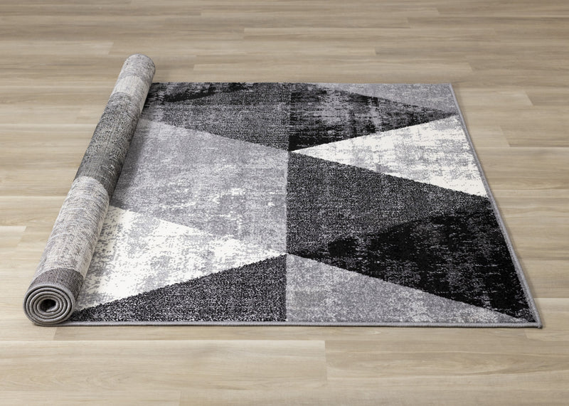 Tapis Covington triangle geometrique noir blanc gris vieilli, 6'7\" x 9'10\"