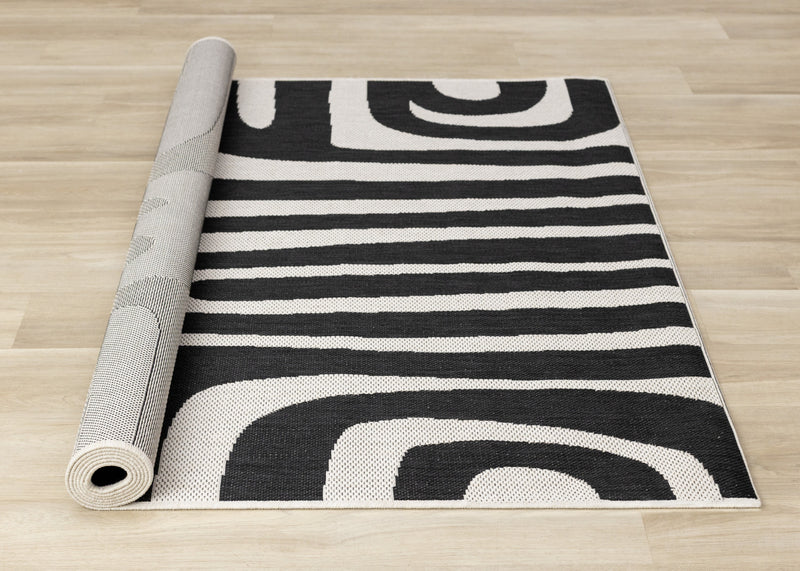 Tapis d'exterieur Jackson a lignes abstraites noires et blanches, 6'7\" x 9'6\"