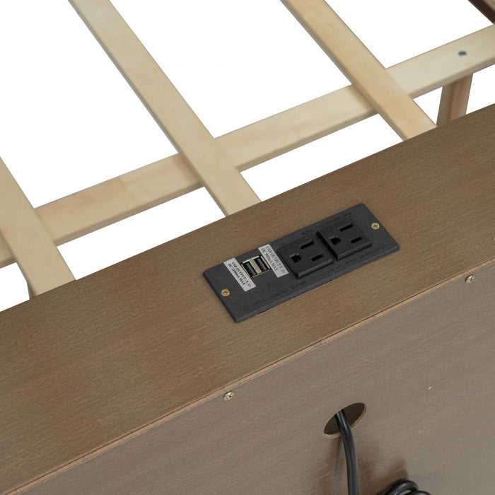 Lit superpose Liam en bois massif Full XL sur Queen avec rangement et ports USB, brun