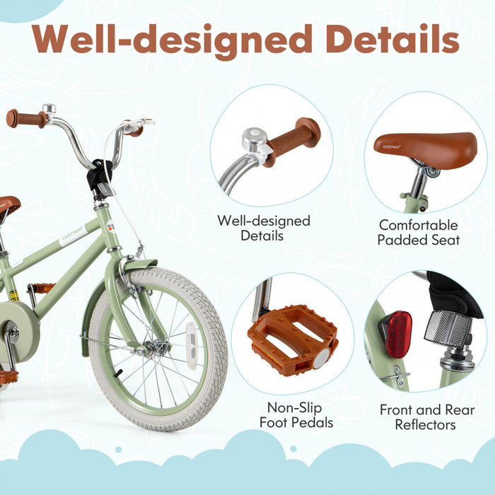 Costway 16\" Velo Pour Enfants Avec Guidon Reglable De Selle Roues D'entrainement Amovibles Frein A Main Vert