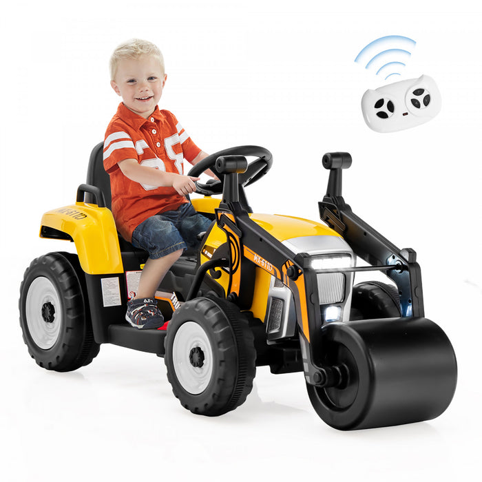 Costway Enfants Roulent Sur La Route Rouleau 12v Tracteur Electrique A Distance W / Musique & Led Jaune Clair
